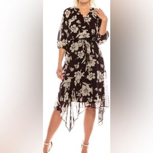 Maison Tara Tea Length Floral Faux Wrap Style‎ Dress 10 Wedding Guest Romantic